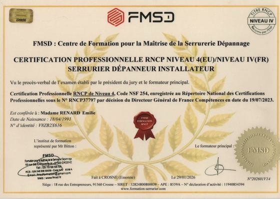 Certification professionnelle Serrurier dépanneur installateur, FMSD, RNCP niveau 4