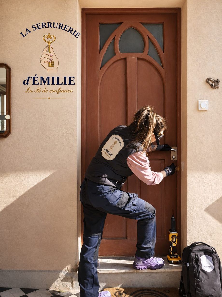 Emilie, serrurière à Nice, en intervention sur la serrure d'une porte d'entrée
